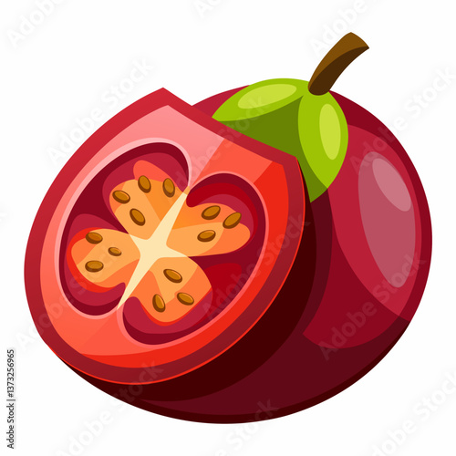 Red grapefruit with a green leaf, depicted in a vector illustration style, showcasing its vibrant color and fresh appearance.