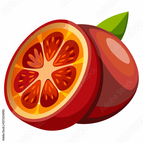 Red grapefruit with a green leaf, depicted in a vector illustration style, showcasing its vibrant color and fresh appearance.