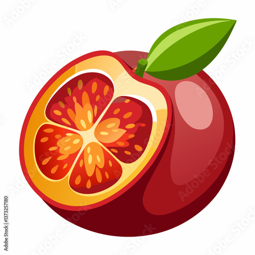 Red grapefruit with a green leaf, depicted in a vector illustration style, showcasing its vibrant color and fresh appearance.