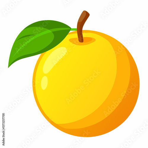 A yellow apple with a green leaf attached, resting on a light surface.