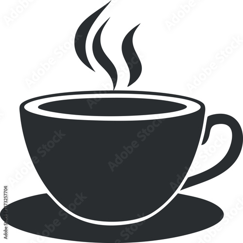 Black and white silhouette of a steaming coffee cup icon, perfect for cafe branding.
