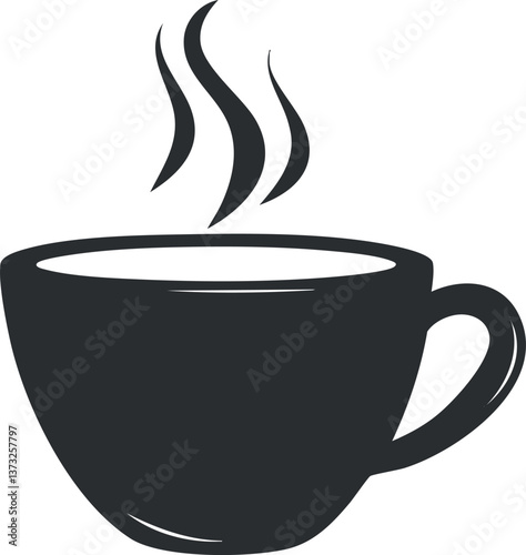 Black silhouette of a steaming coffee cup, perfect for illustrating hot beverages and cafes.