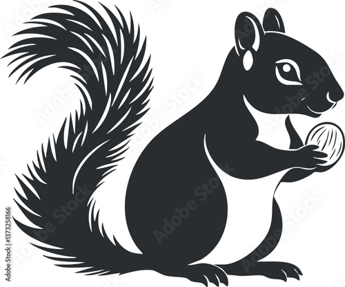 Silhouette illustration of a squirrel holding a nut, showcasing its bushy tail and profile.