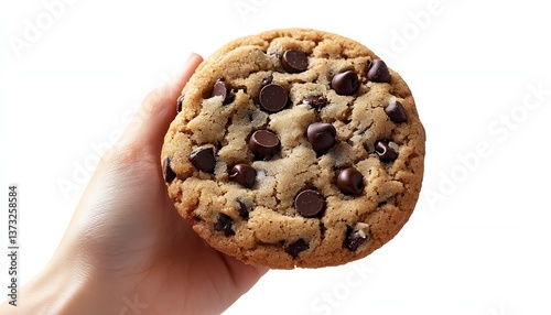 Hand holding chocolate chip cookie.