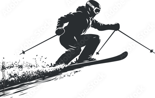 Silhouette of a skier dynamically skiing downhill on snow, illustrating speed and winter action.
