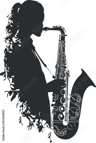 Silhouette of a woman playing a saxophone, creating an artistic and musical illustration.