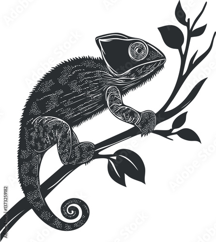 Detailed black and white illustration of a chameleon climbing on a branch, showcasing intricate patterns.