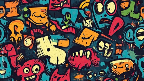 A vibrant collection of colorful faces each expressing unique emotions and personalities in a playful and creative artistic arrangement