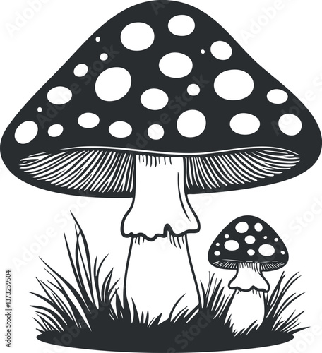 Black and white illustration of two mushrooms with detailed patterns and grass.