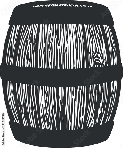 Silhouette illustration of a vintage wooden barrel with a woodgrain pattern in black and white.