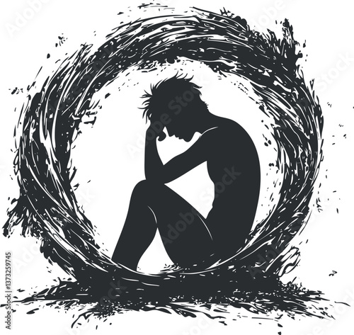 Silhouette of a person sitting in a swirling circle, depicting depression and introspection.