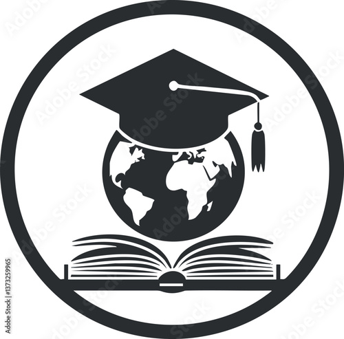 Icon of a graduation cap on a globe with an open book, symbolizing global education.