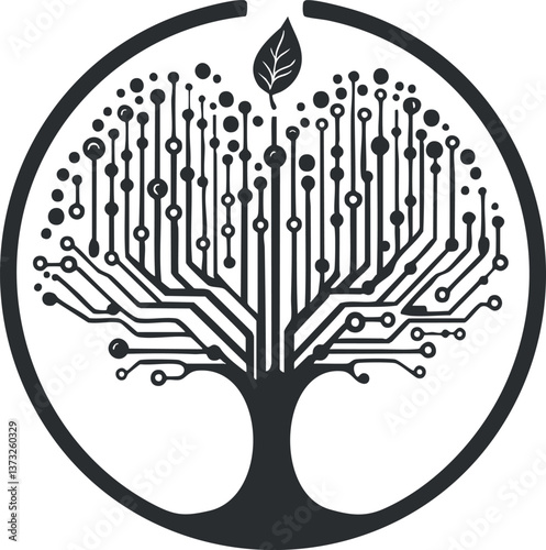 Abstract tree design integrating technology with nature, featuring circuit-like branches in a circular frame.