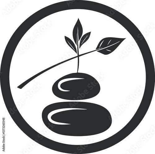 Minimalist zen stones and leaf icon symbolizing balance and tranquility in a circular design.