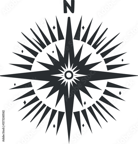 Black and white compass rose design illustrating navigation and direction with a north indicator.