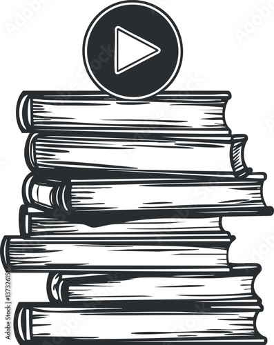 Illustration of a stack of books with a play icon on top, symbolizing audiobooks.