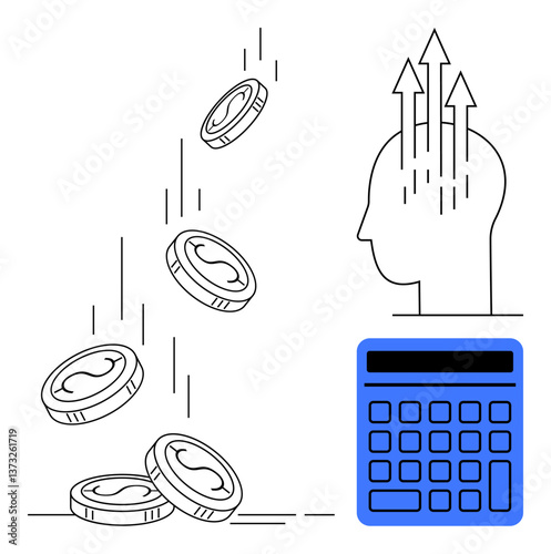 Coins dropping in motion, head with growth arrows, and calculator represent financial success, budgeting, investment planning, profitability, saving strategies, economic growth, and smart