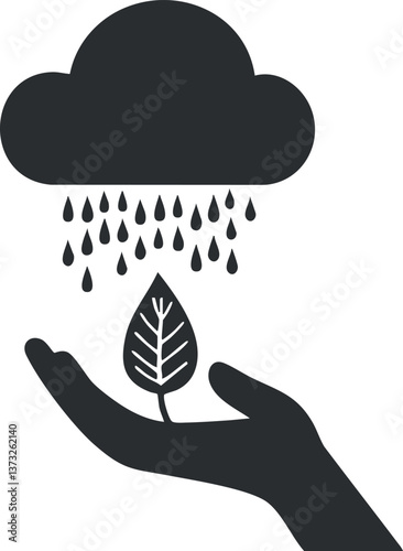 Silhouette icon of a hand holding a leaf under a rain cloud, symbolizing nature and growth.