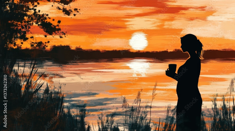 Fototapeta premium A silhouette enjoys the sunset while holding a warm drink outside