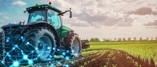 Engineers optimizing AI driven precision agriculture tractors, high-tech farm with real-time soil and crop data analysis and autonomous operation, High-tech style