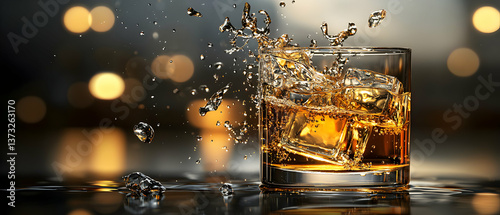Amber Whiskey Splashing in Rocks Glass at Night