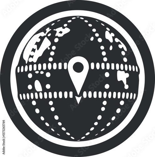 Black and white globe icon with a location pin, symbolizing global navigation and travel.