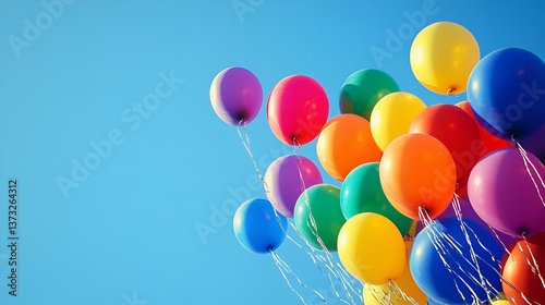 A vibrant collection of colorful balloons floating against a clear blue sky, perfect for celebrations and joy.
