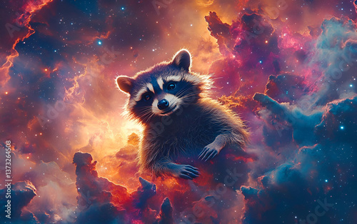 A whimsical raccoon exploring the colorful cosmos, surrounded by vibrant galaxy clouds and starlit wonders.