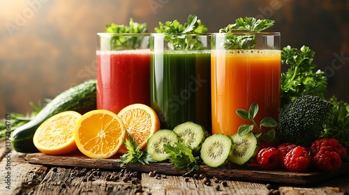 Refreshing fresh vegetable and fruit juices on a wooden table vibrant colors natural setting close-up perspective
