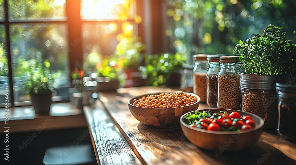 Vibrant vegan cooking station with organic ingredients home kitchen flat lay natural light culinary art