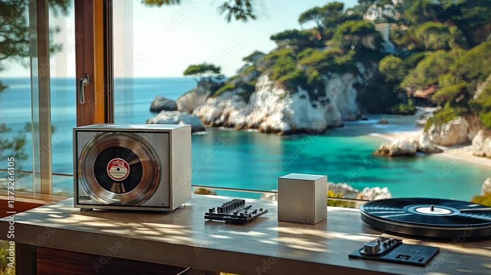 Seaside Audio Setup, Coastal View, Relaxing Atmosphere,  Stock Photo