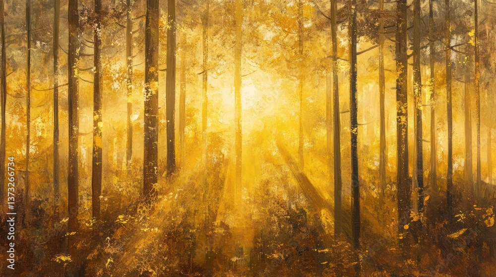 Obraz premium Sunlight shining through trees inside a beautiful golden forest