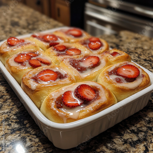 Obraz na płótnie Freshly baked strawberry rolls topped with sweet glaze, arranged neatly white baking dish. golden brown rolls are filled with strawberry filling and garnished with fresh strawberry slices w salonie