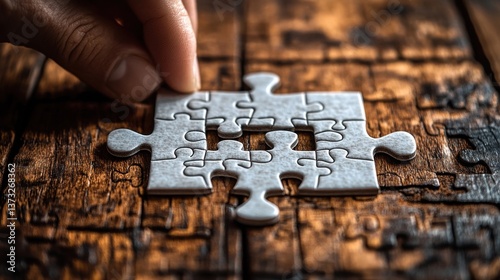 assembling jigsaw puzzle pieces abstract background unfinished white jigsaw puzzle pieces on wood table