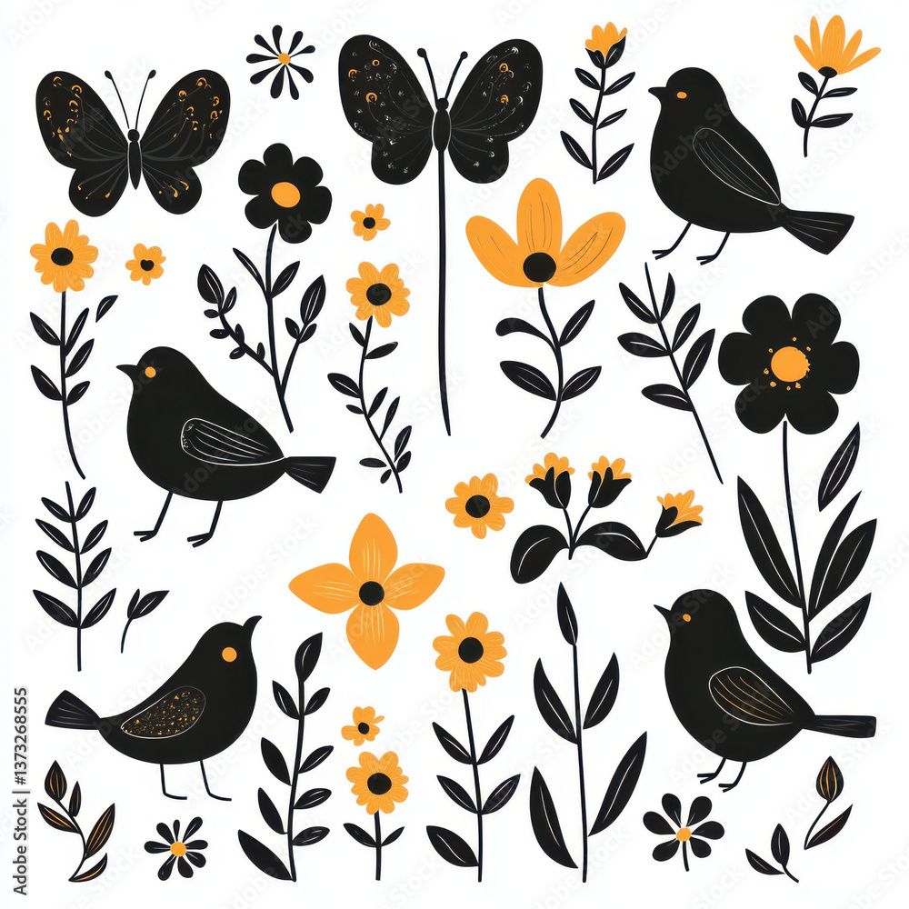 Fototapeta premium Floral design featuring black birds, butterflies, and vibrant orange flowers creates cheerful and lively atmosphere. This illustration captures beauty of nature with whimsical touch