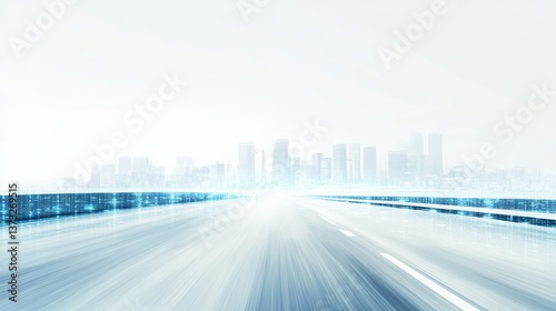 A blurred highway with motion blur leading to the city skyline, with blue and white glowing data streams in the background representing digitalization
