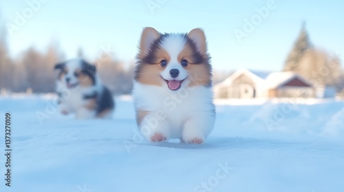 Happy puppies playing in winter snow.