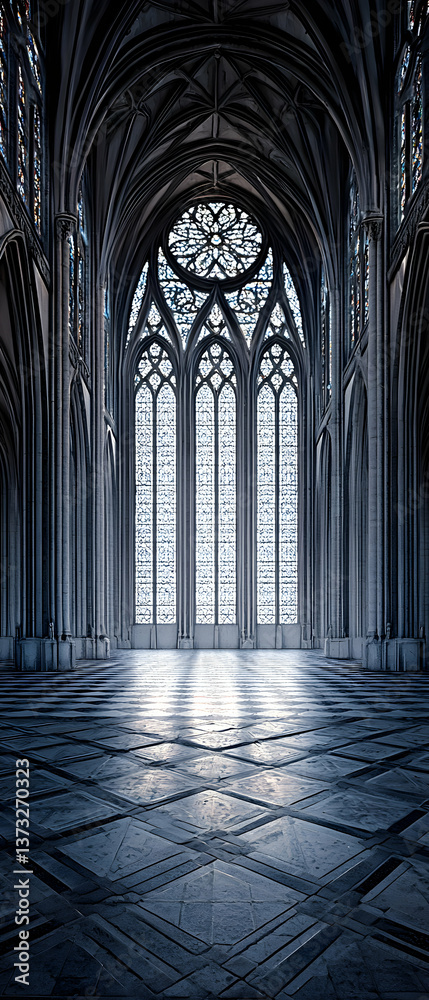 Gothic Cathedral Interior with Large Stone Window and Grey Floor Gothic Cathedral Interior with Large Stone Window and Grey Floor
