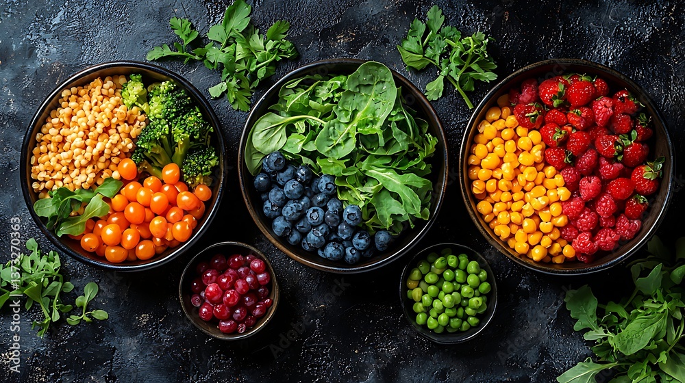 Vibrant vegan meal prep scene with fresh fruits and vegetables in a natural setting