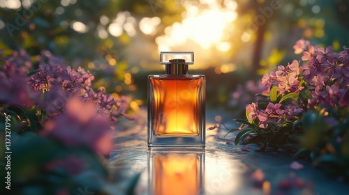 blank label glass perfume bottle mock up outdoor scene with sunlight 3d render