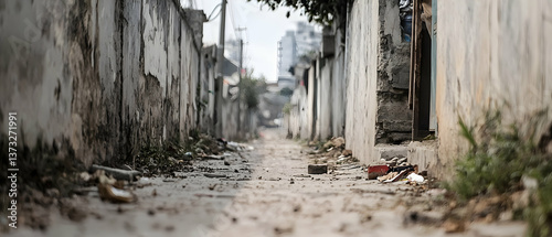 Narrow Alleyway in Urban Setting, Weathered Buildings and Ground Debris
