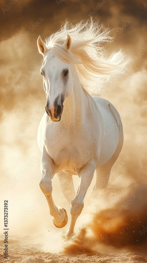 Obraz premium A majestic white horse running through golden atmospheric surroundings