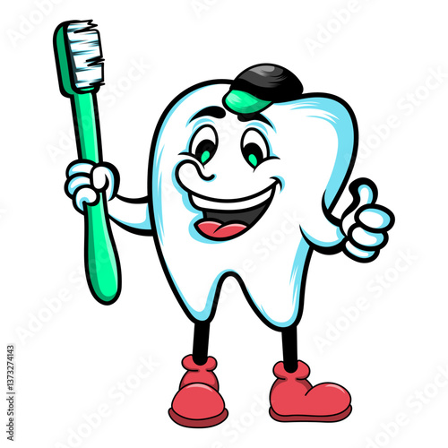 Happy Cartoon Tooth Mascot Holding Toothbrush – Smiling Dental Character with Shoes and Cap Giving Thumbs Up – Vector Illustration for Dental Clinics, Kids Education, Oral Hygiene, and Toothcare Promo