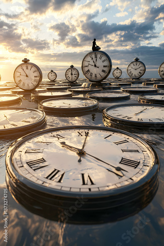 Numerous Vintage Clocks Floating on Water at Sunset