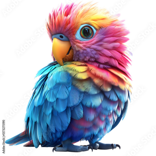A Fluffy 3D Cartoon Parrot with Glowing Rainbow Feathers Isolated on Transparent Background