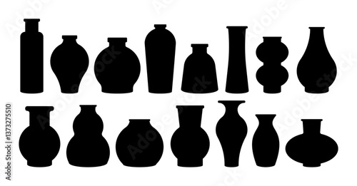Set of black various shapes silhouettes of vases. Vector elements.