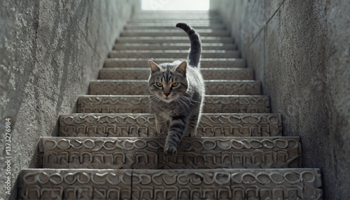 cat going down the basement stairs