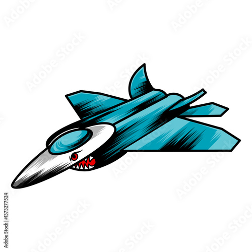 Cartoon Fighter Jet Mascot with Shark Face – Aggressive Military Aircraft in Blue and White with Angry Eyes and Teeth – Vector Illustration for Aviation, Gaming Logos, and Combat-Themed Designs