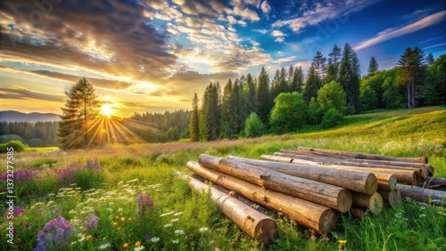 Serene Sunset Meadow with Stacked Logs at the Edge of a Lush Green Forest