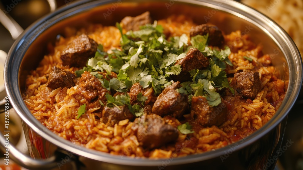 A large pot of slow-cooked Mandi rice with tender chunks of lamb and rich spices. A large pot of slow-cooked Mandi rice with tender chunks of lamb and rich spices.
